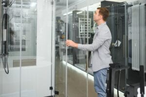man choosing shower cabin and utensils for his home bathroom.