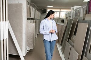 Female customer choosing kitchen ceramic tile in store.