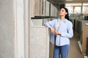 Young woman choosing ceramic tiles.
