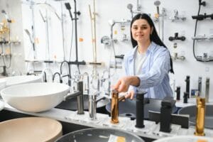 Woman choosing a shower head in a hardware store.
