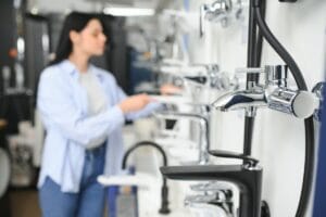 Woman inspects and chooses new kitchen or bath tap faucet at a hardware store.