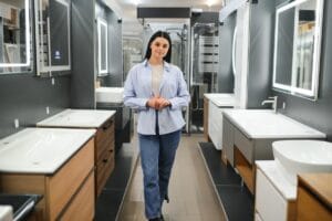 Young woman choosing new bathroom furniture at the plumbing shop with lots of sanitary goods.
