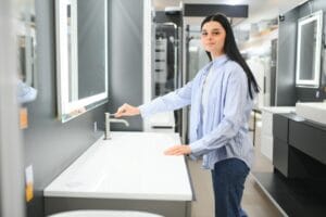 beautiful young woman in a furniture store looks at the furniture in the bathroom.