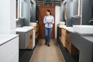 beautiful young woman in a furniture store looks at the furniture in the bathroom.